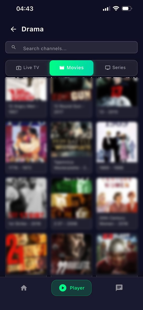 Yacine Tv: Buz Tv Score Iptv - Interfaz de la aplicación Yacine TV mostrando una cuadrícula de películas dentro de la categoría de drama