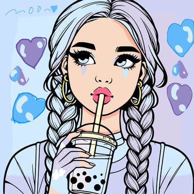 realistic girl with braided hair drinking boba