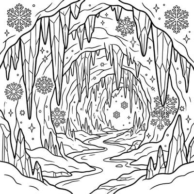 Step into a breathtaking winter wonderland with this captivating stalactite cave coloring page. Designed for kids, it features shimmering ice formations and delicate snowflakes, perfect for a cozy winter activity.