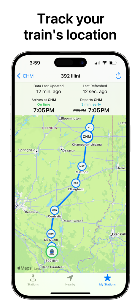Real-time map display in the TrainTrack app showing an Amtrak train route and station arrival times.