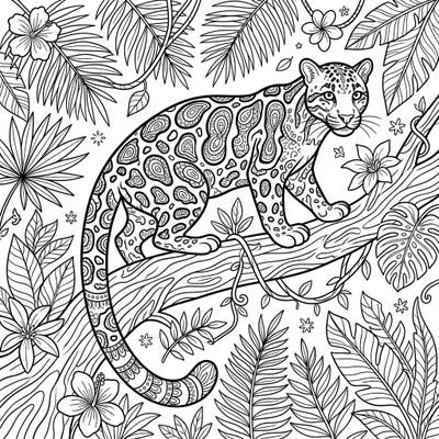 Embark on an artistic journey with this stunning clouded leopard coloring page, designed for adults. Delve into the intricate details of a jungle scene, perfect for mindful relaxation.