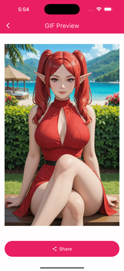 App screen showing a 3D animated GIF preview of an anime character on a beach with a share button.