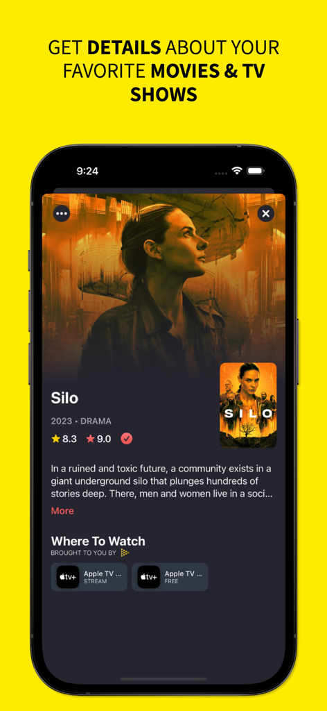 Watchlist: Movies & TV Shows - Captura de pantalla que muestra los detalles de una serie de televisión, calificaciones y disponibilidad de transmisión en la aplicación Watchlist.