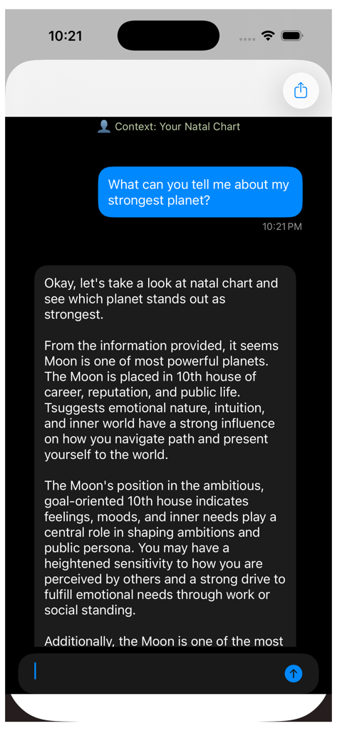 Lila Pro: Astrology Tools - Lila Pro app chat interface providing an AI generated astrology reading for a natal chart.