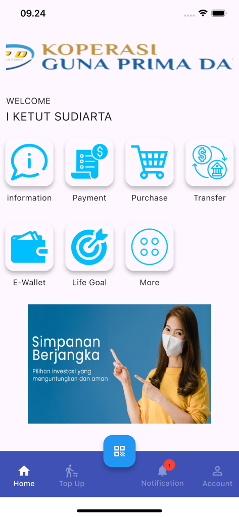 GPD Online New - Home screen of GPD Online New app showing financial service icons and navigation menu