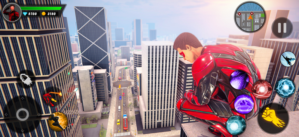 GT Gangster Monster Survival - Ein Superheld im rot-schwarzen Anzug hockt auf einem Wolkenkratzer und blickt auf eine Stadtstraße.