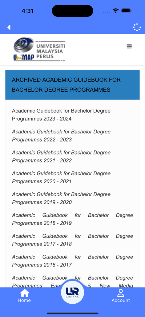 UniMAP URDigital - Pantalla de la aplicación UniMAP URDigital que muestra guías académicas archivadas para programas de licenciatura de 2016 a 2024