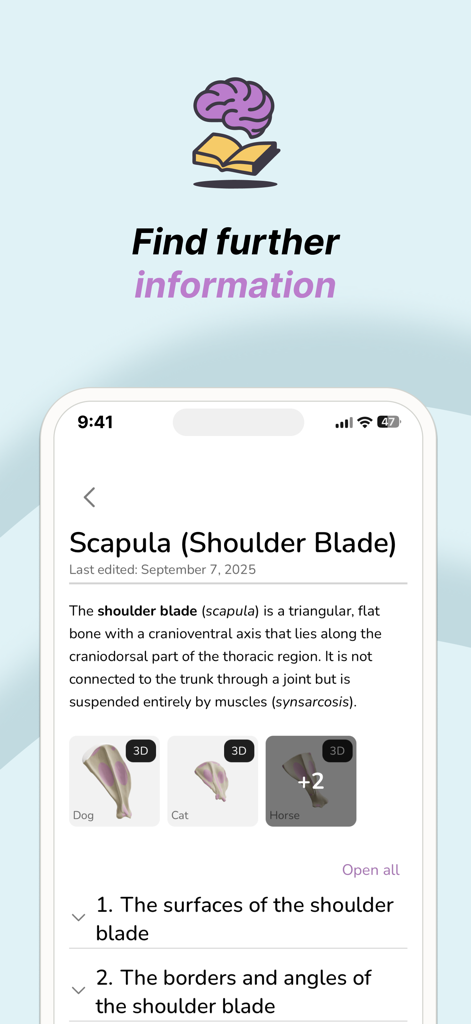 Vetflow - Learn Anatomy - Pantalla educativa mostrando detalles anatómicos y modelos 3D de una escápula para perros, gatos y caballos en la aplicación Vetflow.