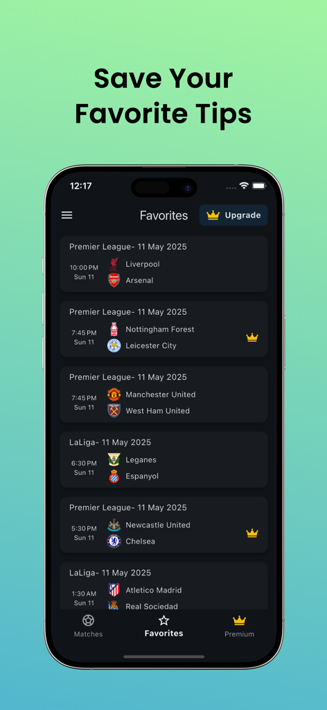 Betting Tips & Odds - FotTips - A mobile app screen showing a list of saved favorite soccer betting tips for various matches