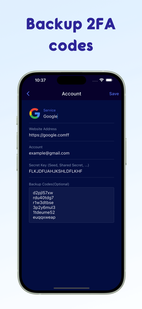 Interfaccia dell'app Authenticator che mostra la configurazione e i codici di backup per un account Google