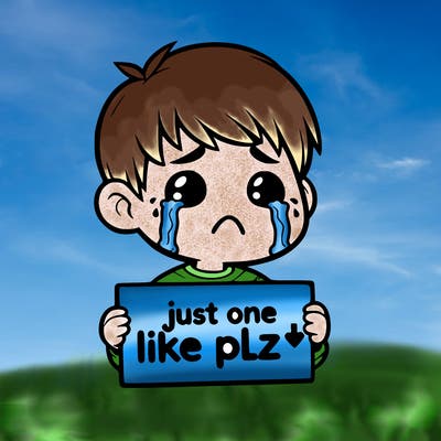 realistic crying boy with a sign saying just one like plz