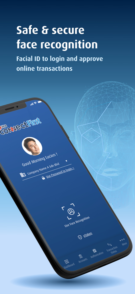 HLB ConnectFirst - HLB ConnectFirst app interface showing facial recognition for secure business banking login and transactions.