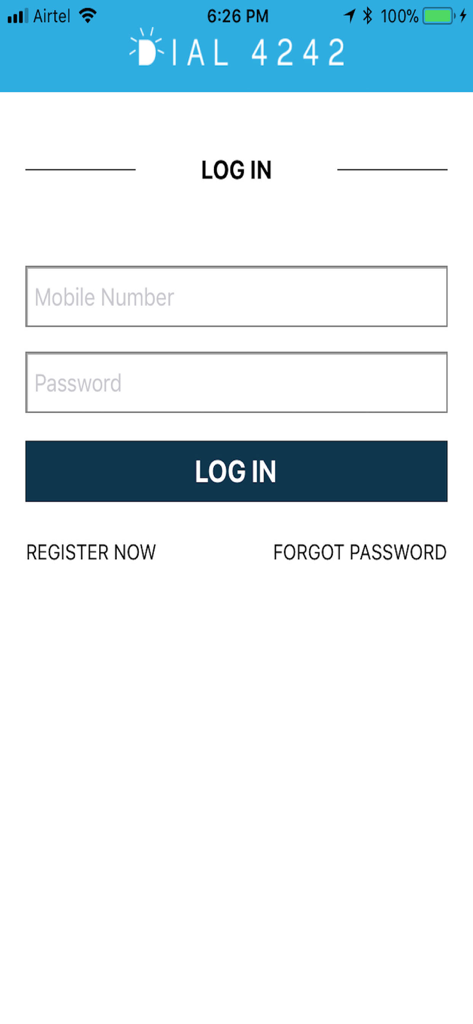 DIAL4242 - Login screen for DIAL4242 ambulance booking app with mobile number and password fields
