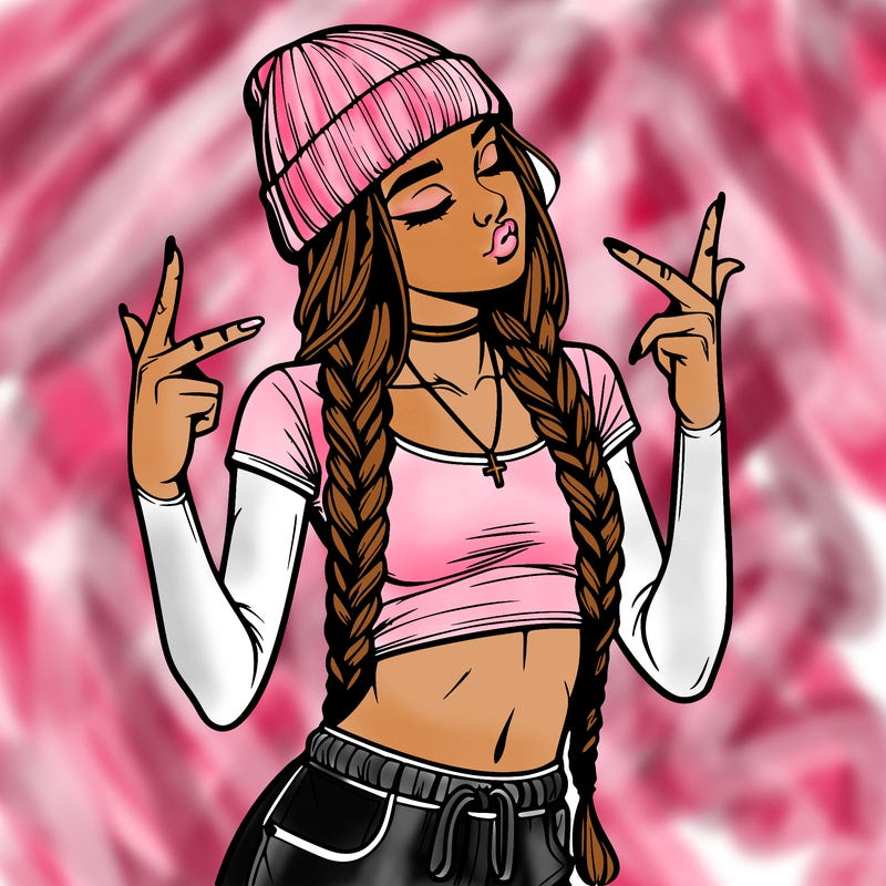 realistic teenage girl with braids and a beanie and crop top doing 🫶🏼