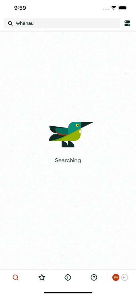 Pantalla de búsqueda de la aplicación Te Aka Maori Dictionary que muestra una ilustración estilizada de un pájaro y una barra de búsqueda de palabras maoríes.