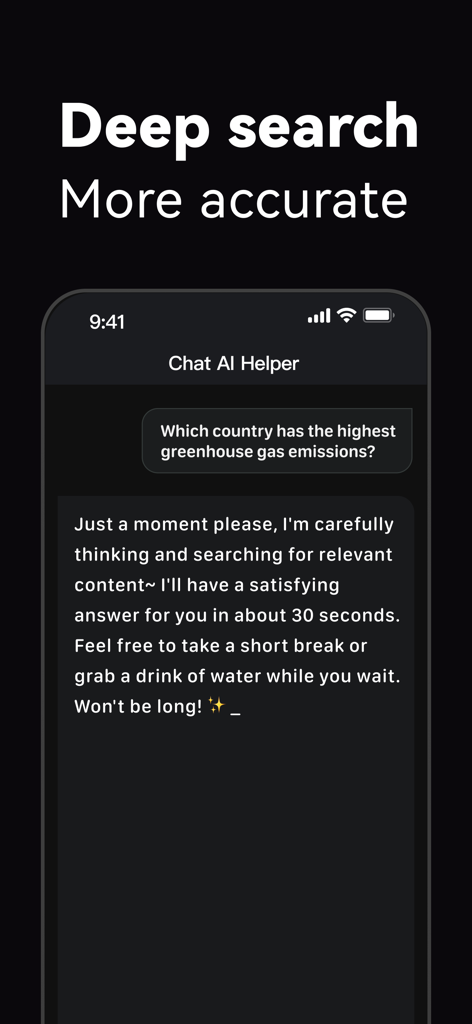 Chat AI 5 - Chatbot Assistant - Interface de l'application Chat AI montrant la fonction de recherche approfondie pour des réponses précises