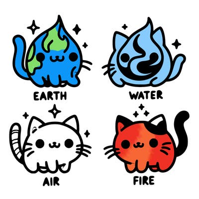 4 cats that represent the different elements, earth, water, air, and fire