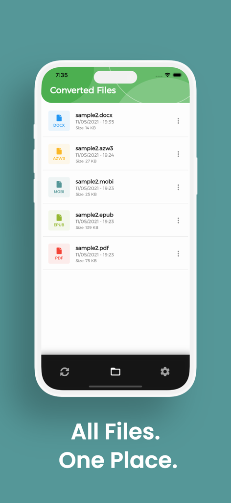 MOBI Converter, MOBI to EPUB - Lista de arquivos de ebook convertidos em formatos MOBI, EPUB e PDF em uma tela de celular.