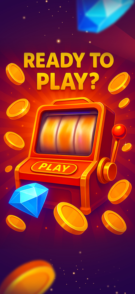 Slot app: mega play - 「プレイする準備はできましたか」というテキストと共に、飛び交う金貨と青い宝石に囲まれた鮮やかな赤いスロットマシン。