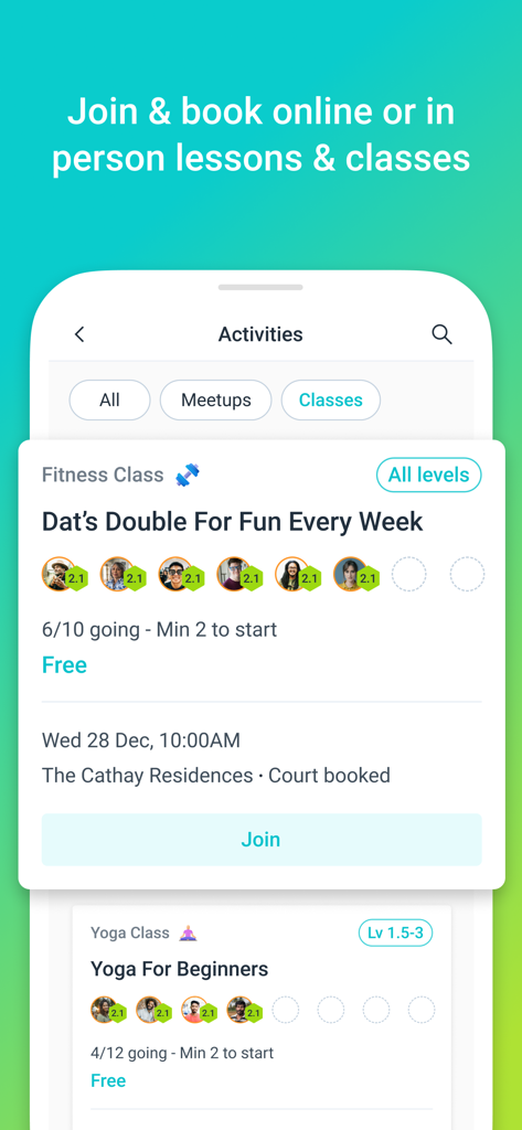 Mobile app interface for joining and booking sports and fitness classes