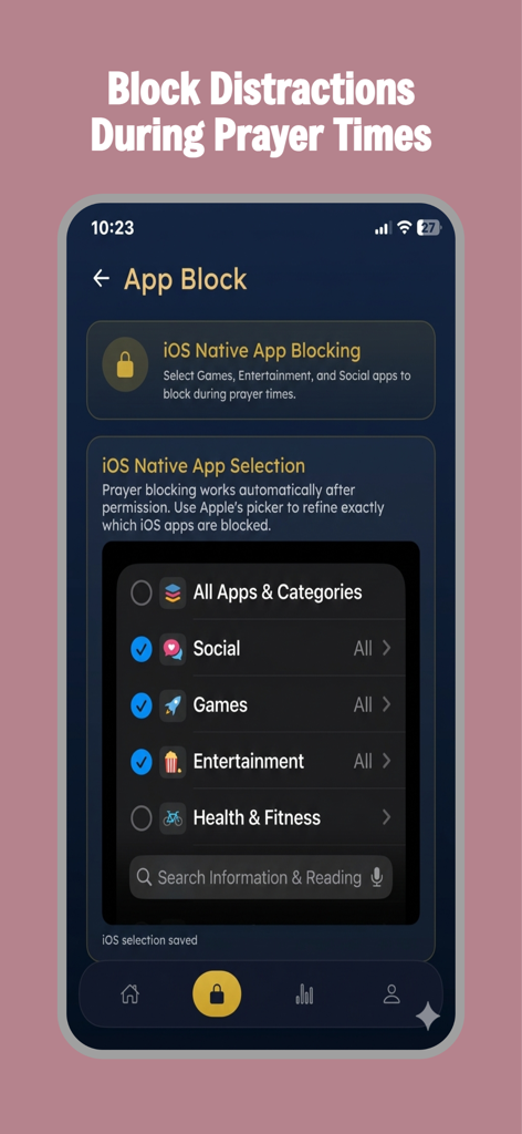 Salah Lock app interface showing options to block social media and gaming apps during prayer times on iOS.