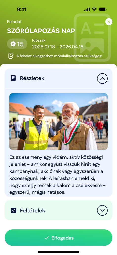 A mobile app screen showing a volunteer task for flyer distribution with community photos and task rewards.