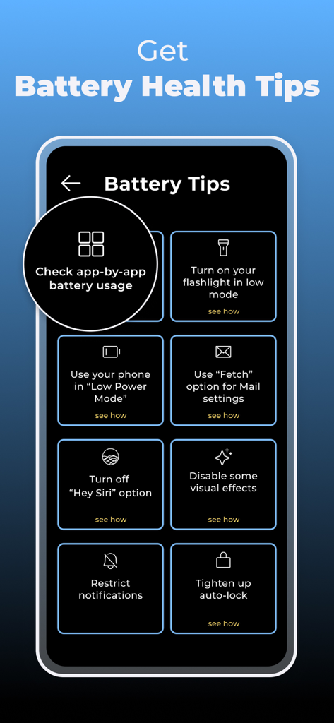 Battery Doctor - Battery Saver - Interface of Battery Doctor app showing various battery health tips and power saving settings for iPhone