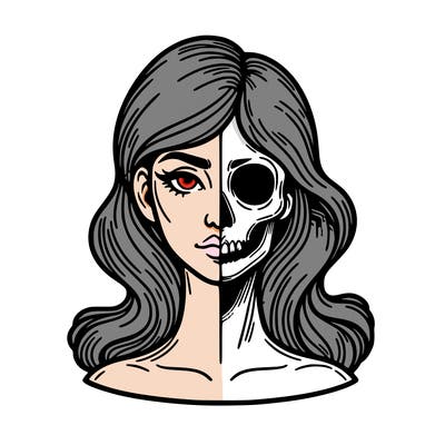 bust of a woman, half face and hair, half skull