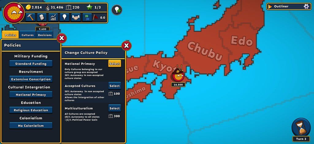 Countryballs Conquest - Strategy menu for culture policies over a map of Japan in Countryballs Conquest