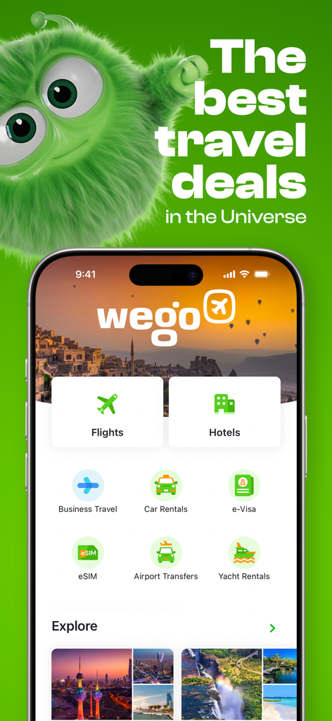 Wego Flights & Hotels Booking - Tela inicial do aplicativo Wego para reserva de voos e hotéis