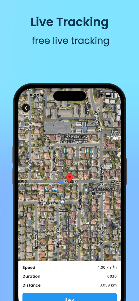 Street View - Panorama 360° - Interface d'une application de navigation montrant le suivi GPS en direct sur une carte satellite avec des statistiques de vitesse et de distance en temps réel
