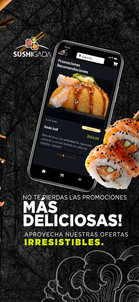 SushiGada - A smartphone showing the SushiGada app interface with a Gada ball sushi dish and promotional text in Spanish
