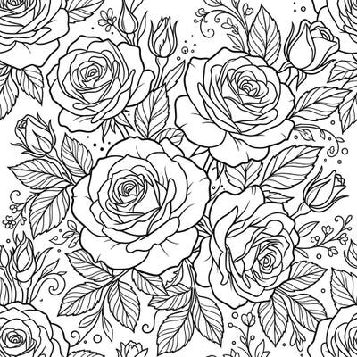 Immerse yourself in the serene beauty of this white roses coloring page, featuring elegant blooms and delicate foliage. This intricate design offers a peaceful escape, perfect for bringing vibrant colors to life.