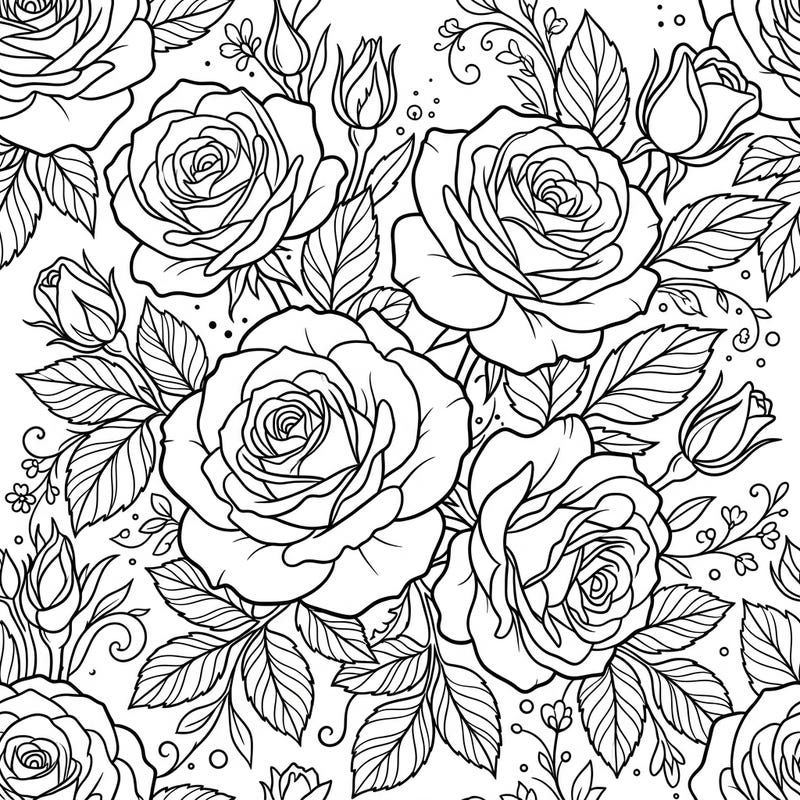Immerse yourself in the serene beauty of this white roses coloring page, featuring elegant blooms and delicate foliage. This intricate design offers a peaceful escape, perfect for bringing vibrant colors to life.