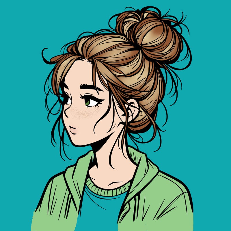 realistic teenage girl with a messy bun