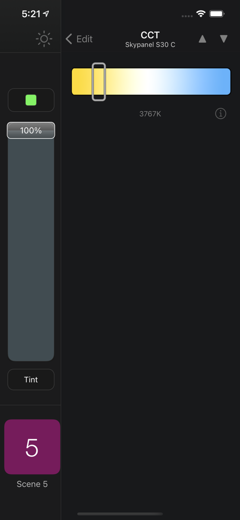 Interfaccia dell'app Luminair che mostra il controllo della temperatura colore per un apparecchio di illuminazione ARRI Skypanel