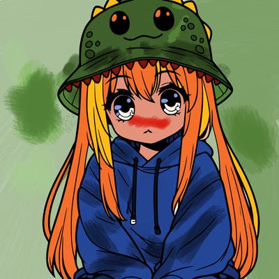 girl with anime shaped eyes with a dinosaur bucket hat oversized sweatshirt long straight hair