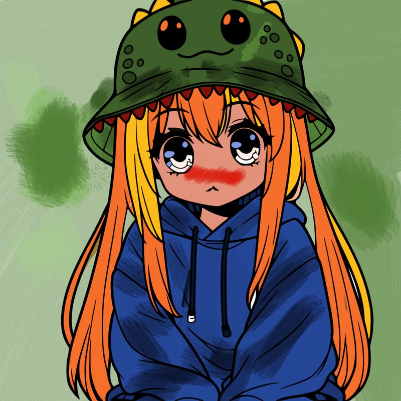 girl with anime shaped eyes with a dinosaur bucket hat oversized sweatshirt long straight hair
