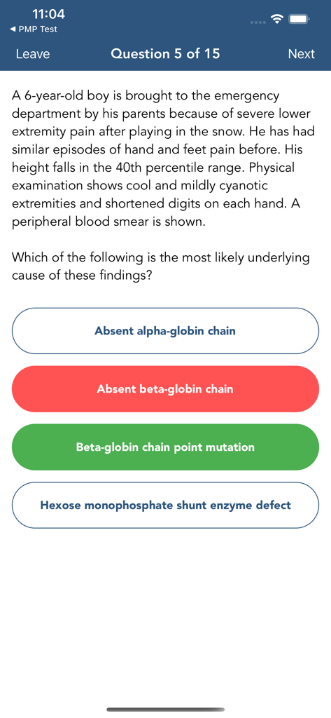 Mobile interface of the USMLE Step 1 exam prep app showing a clinical case quiz question with color-coded correct and incorrect answers.