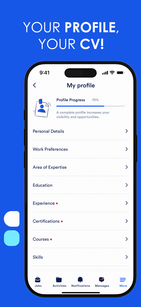 Imploy - A smartphone screen displaying the Imploy app profile page with sections for experience, education, and skills.