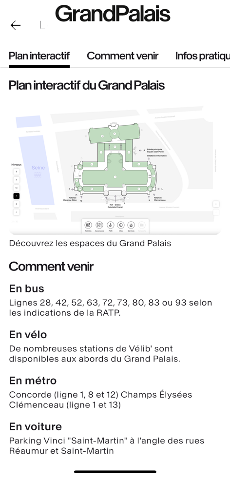 Mappa interattiva e informazioni sui trasporti sull'app Grand Palais