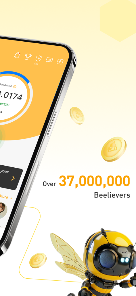 Bee Network:Phone-based Asset - Bee Network mobile app interface showing over 37 million users and a robot bee mascot