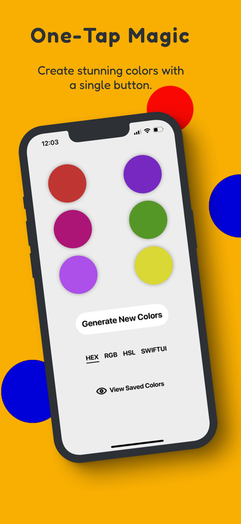 Interfaz de la aplicación ColorPlanets que muestra un generador de paletas de colores con función mágica de un toque y opciones de formato de color como HEX y RGB