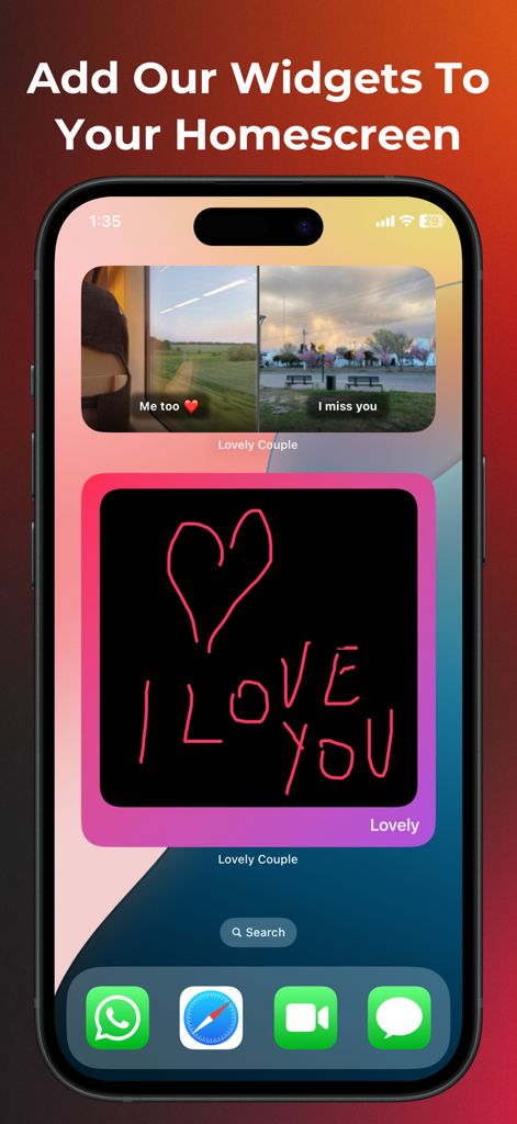 Lovely - Couple Games - Pantalla de inicio del iPhone mostrando widgets para parejas con fotos compartidas y una nota de amor escrita a mano de la aplicación Lovely