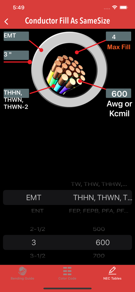 Base Electrician Tools - Interface of the Base Electrician Tools app showing a conductor fill calculator for EMT conduit and THHN wires