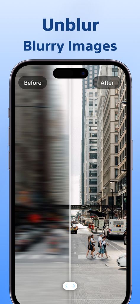 Unblur Photo - Enhance & Clear - Side-by-side comparison showing a blurry city street photo transformed into a sharp and clear image using the AI photo enhancer.