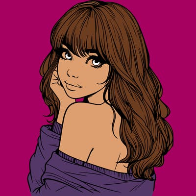 realistic girl with bangs looking over her shoulder