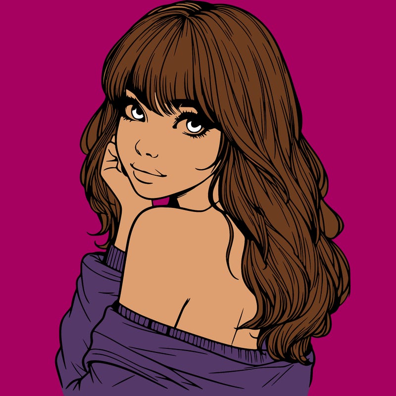 realistic girl with bangs looking over her shoulder