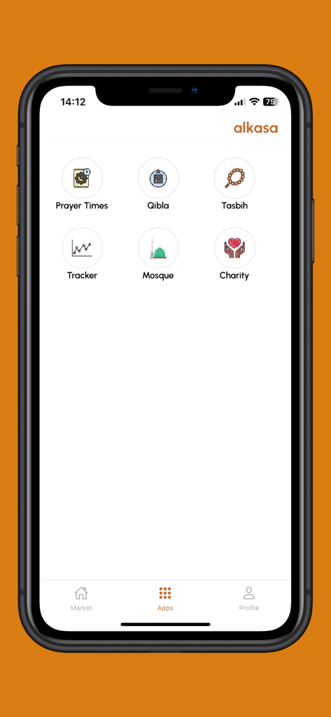 alkasa - Das alkasa App-Dashboard, das Symbole für islamische Dienstprogramme für Gebetszeiten, Qibla und Tasbih anzeigt.