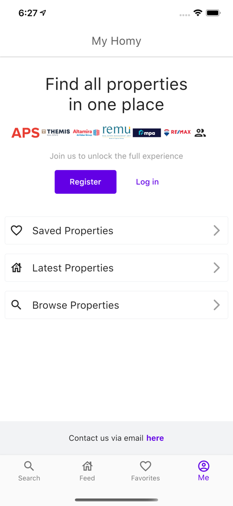 Homy - Interfaz del perfil de la aplicación Homy que muestra opciones de registro y categorías de búsqueda de propiedades.